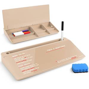 lot 1961 image: Birch Small Desktop Whiteboard �� Glass Dry Erase Board Desk Pad Keyboard Stand with Storage Compartment Adjustable Dividers 3 Markers, Eraser & Holder �� Perfect for Office, Home, & School (Sand)