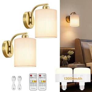 lot 1963 image: Glitnous Battery Operated Wall Sconce Set of 2, Rechargeable Wall Sconce with 13000mAh Bulb Pleated Lampshade, Wireless Battery Powered Wall Sconces Set of 2 for Bedroom Living Room, Gold
