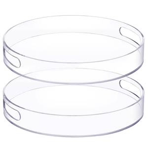 lot 1977 image: Menkxi 2 Pcs 12 Inch Acrylic Round Tray with Handles Sturdy Clear Round Serving Decorative Circle Tray for Kitchen Bathroom Vanity Coffee Table Ottoman Food Tea Snacks