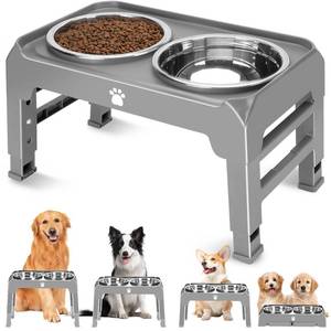 lot 1995 image: Elevated Raised Dog Bowl Stand with 2 Stainless Steel Bowls, Adjustable Height for Medium Large Dogs, 12.36 - 3.7 Foldable Feeder, Grey