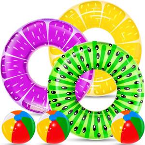lot 2006 image: 6 Pack Inflatable Pool Floats, 3 Pcs Inflatable Fruits Swim Tubes Rings & 3 Pcs Rainbow Beach Ball, Summer Pool Floaties for Kids Teens Adults Swimming Float Toy Hawaiian Party Beach Water Fun Game