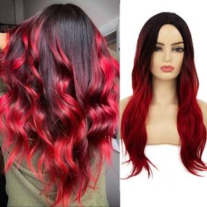 lot 2013 image: Baruisi Long Curly Wavy Ombre Black Red Wig Synthetic Natural Middle Part Cosplay Costume Hair Wigs for Women