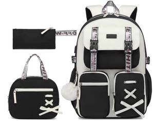 lot 2037 image: School Backpack for Teen Girls,3PCS Kids Backpack with Lunch Bag Pencil Case, Cute Bookbag for Elementary Middle High School College, 15.6 Inch Laptop Computer Bag Travel Backpack, Beige Green Black