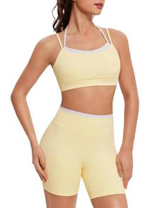lot 2039 image: OMKAGI Workout Sets for Women Cute Doubel Layer Open Back Sports Bras Gym Shorts Outfits(XS,566-Baby Yellow)