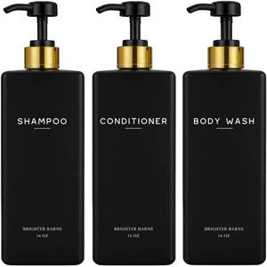 lot 2046 image: Black Shampoo and Conditioner Dispenser Set by Brighter Barns - Body Wash and Shower Soap Dispenser - Refillable Shampoo and Conditioner Bottles for Gold Bathroom Decor, Guest Bathroom, Airbnb (Black)