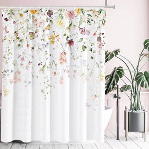 lot 2103 image: Tititex Blomming Bright Colorful Pink White Floral Shower Curtain, Watercolor Green Leaves with Butterflies on The Top Plant Bathroom Decoration Shower Curtain Sets 72x72 Inch with Hooks
