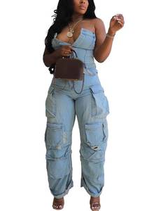 lot 2110 image: LETSVDO Womens Cargo Denim Jumpsuit Strapless Tube Jean Romper Overalls M