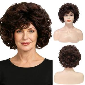 lot 2376 image: Kisayasi Short Brown Curly Wig for Women Dark Brown Length Shoudler Shaggy Wig with Bangs Synthtic Heat Resistant Wig for Daily Halloween Party Use (Curly Brown)