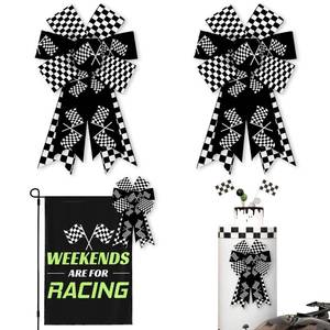 lot 2403 image: ALIBBON 2 Pcs Racing Checkered Flag Bows for Wreaths, Black White Wreath Bows, Sports Bows for Front Door, Race Party Decor, Race Car Burlap Bows for Sports Wreath Indoor Outdoor Decoration