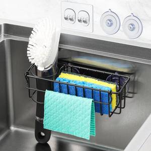 lot 2439 image: 3-In-1 Sponge Holder for Kitchen Sink, 2 Type Suspension Options (Suction Cups & Adhesive Hook), Hanging Sink Caddy Organizer Rack - Sponge, Dish Cloth, Brush, Scrubber, 304 Stainless Steel - Black
