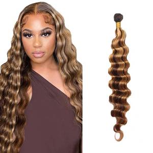 lot 2474 image: P427 Highlight Brown Bundles Deep Wave Bundles Human Hair 24 Inch Unprocessed Brazilian Virgin Weave Hairs Blonde 1 Bundle 50 Gram Per Bundle Human Hair Extensions