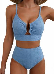 lot 2479 image: Herseas Womens 2 Piece High Waisted V Neck U Wired Curvy Swimsuits Blue L