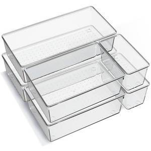 lot 3720 image: 6 Pack Large Clear Plastic Drawer Organizer Trays, Acrylic Kitchen Drawer Organization and Storage Dividers, Non-Slip Storage Bins for Makeup, Kitchen Utensils, Bathroom, Jewelries and Office Desk