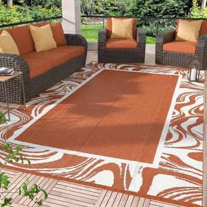 lot 3733 image: Garvee Waterproof Outdoor Rug Orange 8x10 Reversible Plastic Straw Patio Rug Abstract Large Outdoor Carpet Foldable Outdoor Rugs for Picnic, Backyard, Rv, Beach, Deck, Camper, Balcony, Orange White