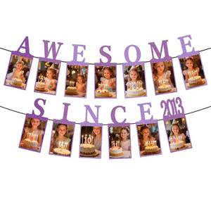 lot 4242 image: 13th Birthday Decorations for Girls,Pre-strung Awesome Since 2013 Photo Banner,Purple Glitter 13th Birthday and Anniversary Decorations Party Supplies