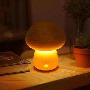 lot 4254 image: SAKSIAPRO Mushroom Lamp, Rechargeable Touch Control Mushroom Night Light, Portable Dimmable Wooden Lamp for Kids Room, Bedroom, 3.9 H