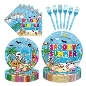 lot 4286 image: Papiailove 96 Pcs Summer Halloween Party Tableware Set, Tropical Spooky Paper Plates and Napkins with Forks, Disposable Dinnerware for Summer Halloween Pool Party & Beach Birthday Decorations