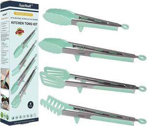lot 4299 image: 4in1 Stainless Steel Kitchen Food Tongs Set for Cooking with BPA Free Silicone Tips, Toaster Steak Pie Pizza Pasta Spaghetti Noodles Salad Fruit Vegetable Grill BBQ Buffet Clamp Serving Tools Gadgets