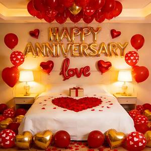 lot 4319 image: Happy Anniversary Balloons Kit Red Gold Balloon with Heart Shaped, Love Foil Balloons and 1000 Pieces Rose Petals for Anniversary Valentines Day Proposals Decorations