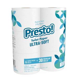 lot 5610 image: Amazon Brand - Presto 2-Ply Ultra-Soft Toilet Paper, 6 Family Mega Rolls  30 regular rolls, 1878 Count (6 roll of 313 sheets), Unscented, White