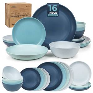 lot 5614 image: Grow Forward 16-piece Premium Wheat Straw Dinnerware Sets for 4 - Unbreakable Dishwasher & Microwave Safe Plastic Plates and Bowls Sets - Patio, Outdoors, RV, Camping Dishes - Seascape