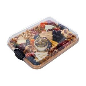 lot 5627 image: Farberware Bamboo Cutting Board with Clear Locking Lid, 11x14 Inch Charcuterie Board with Handles - Reversible Serving Board for Cheese, Meats, Snacks and More