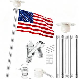 lot 5662 image: LYNSHION Flag Pole Kit for House, 5 FT Outdoor Flag Pole with 120 LED Solar Flag Pole Light, 3x5 FT Embroidered American Flag, Adjustable Wall Mount Bracket for Porch, Patio & Yard, Silver