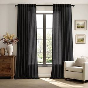 lot 5671 image: Black Semi Sheer Linen Curtains 102 Inch Long 2 Panels for Living Room