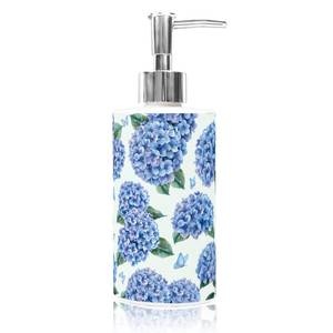 lot 6009 image: Mezeathos Hydrangea Soap Dispenser Refillable Liquid Container Spring Watercolor Blue Floral Glass Soap Dispenser with Pump for Bathroom Kitchen Countertop Decor