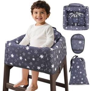 lot 6056 image: Lunobubo Baby High Chair Cover Restaurant with Strap Pads & 3-Point Harness, Machine Washable, Waterproof Portable Highchair Covers for Eating, Travel, Home Use - Fits Wooden Chairs, Grey Stars