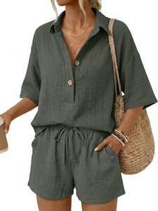 lot 6060 image: LILLUSORY Women 2 Piece Linen-feel Short Set Summer Outfit ArmyGreen XL