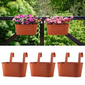 lot 6074 image: 3 Pack Metal Railing Planters, 10.5 Oval Hanging Flower Pots with Detachable Hooks & Drainage Holes, Fits Rails up to 2.36, Galvanized Iron Fence Bucket for Balcony Garden Patio - Terracotta