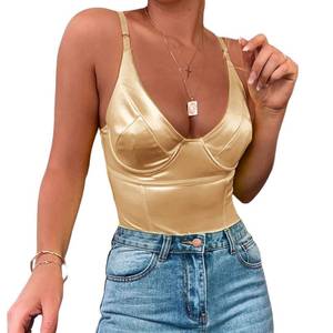 lot 6096 image: Velius Womens Sexy Deep V Neck Shiny Thong Bodysuit Tank Tops with Underwire (Gold,Small)
