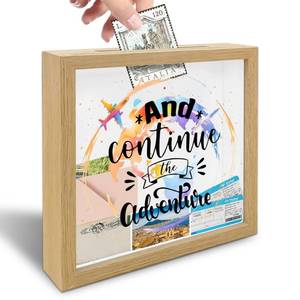 lot 6109 image: and Continue The Adventure Shadow Box Frame Case - 8 x 8 Travel Decorative Box with Slot On Top - Pink Wooden Adventure Archive Memory Saver - Decoration & Keepsake Gift Supplies - A06
