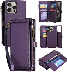 lot 6127 image: MInCYB for iPhone 16 Pro Wallet Case �� Detachable Magnetic Wallet with RFID Blocking, PU Leather Zipper & Strap for Women Men Purple