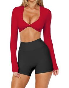 lot 6149 image: INFITTY Womens Sexy Long Sleeve Crop Workout Tops Double Lined Twist Deep V Neck T Shirts Yoga Athletic Top Red XS