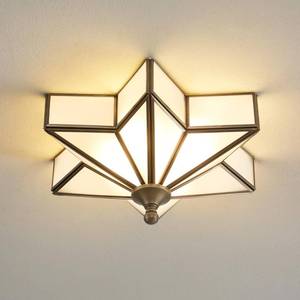 lot 7198 image: Star Flush Mount Ceiling Light 12 Inch Brass Milk Glass Lighting Fixture