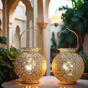 lot 7199 image: TRIROCKS Set of 2 Moroccan Style Metal Table Lamp 7 High Battery Powered Cordless Lamp with LED Fairy Lights Bulb Perfect for Home Living Room Parties Tabletop Indoors(White)