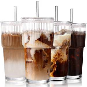 lot 7200 image: Iced Coffee Cups with Lids Coffee Bar Accessories - Ribbed Glass Tumbler with Straw and Lid 4Pcs - 20oz Leak Proof Tumbler - Reusable Glass Cups and Tumblers with Lid and Straws for To Go Iced Coffee
