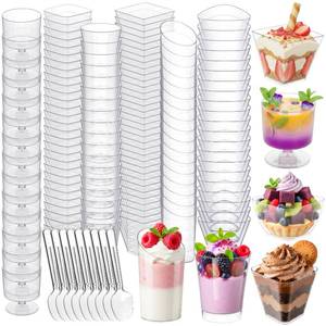 lot 7231 image: Vicguluc 400 Pcs Mini Dessert Cups with Spoons, 6 Styles Plastic Dessert Cups, Clear Vasitos Para Postres for Party Wedding, Disposable Shooters Cups Serving Fruit Cake Pudding Ice Cream
