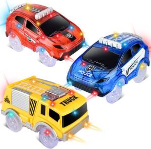 lot 8043 image: Track Cars Only Replacement Light Up Toy Cars with 5 Flashing LED Lights for Tracks Glow in the Dark, Flex Race Car Track Accessories Compatible with Most Car Tracks for Kids (3 Pack) with Screwdriver
