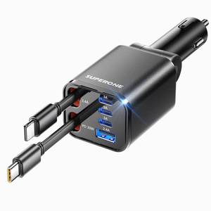 lot 8047 image: Retractable Car Charger, SUPERONE 99W Car Phone Charger with Dual Cables