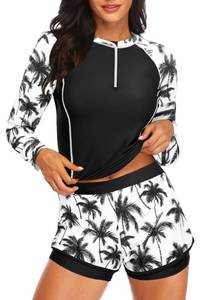 lot 8092 image: Daci Womens Long Sleeve Rash Guard Set, Black Purple Leaf, Large