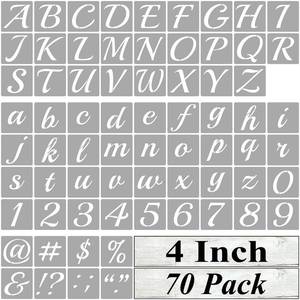 lot 8113 image: 4 Inch Alphabet Letter Stencils for Painting - 70 Pack Letter and Number Stencil Templates with Signs for Painting on Wood, Reusable Cursive Letters Stencils for Chalkboard Wood Signs & Wall Art