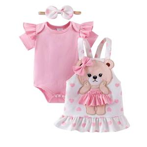 lot 8120 image: FOCICI 18 Months Girl Clothes Baby Infant Suspender Skirt Ruffled Short Sleeve Romper  Cute Love Bear Dress  Bow Headband Summer Outfits 3Pcs Pink 12-18 Months