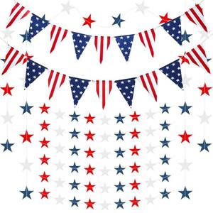 lot 8144 image: 10 Packs Patriotic Party Banner Garland Decoration Set, Includes 8 Patriotic Red White Blue Star Streamers, 2 USA Triangle Flag Pennant Banner for Fourth of July America Independence Day Theme Party