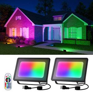lot 8196 image: 2 Pack 50W Led Flood Lights 500W Equi Color Changing with Remote Waterproof 16 Multicolor RGB Lamp Indoor or Outdoor Up Lighting for Garden Decoration, House Wall, Yard Plants, Holiday Ambiance Decor