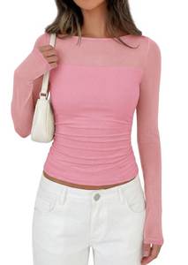 lot 8216 image: PRETTYGARDEN Womens Sheer Mesh Long Sleeve Going Out Tops (Pink,M)