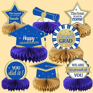 lot 8217 image: party greeting 2025 Graduation Honeycomb Centerpieces Congrats Grad Table Toppers 8Pcs Blue Gold