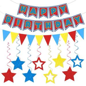 lot 8231 image: Cartoon Birthday Party Decorations, Dog Paw Print Happy Birthday Banner Colorful Triangle Bunting Banner and 8pcs Glitter Star Hanging Swirls Cartoon Dog Birthdays Decorations for Kids Boys Girls